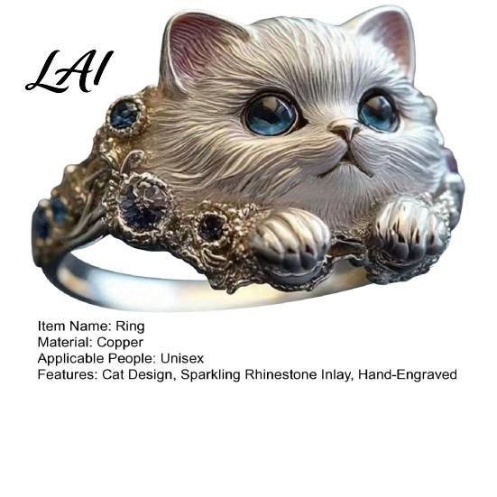 Cat Accessory Finger Ring Hand-Engraved Decor Women Men with Rhinestone Adjustable Inlay