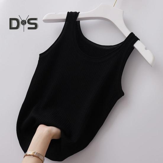 Women Vest Round Neck Sleeveless Slim Fit Tank Tops Solid Color Ribbed Lightweight Sports Gym Vest Daily Wear