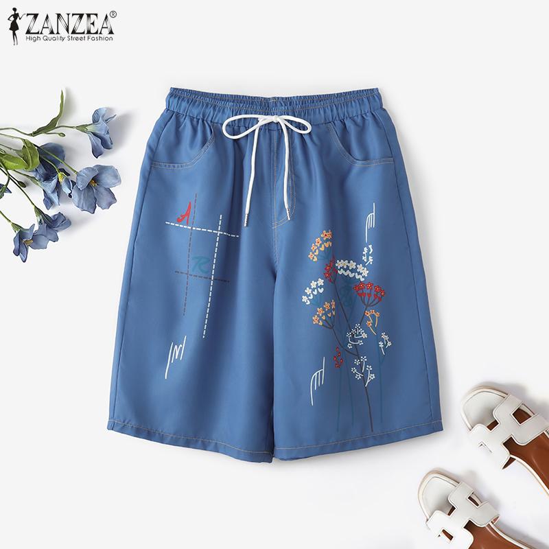 ZANZEA Women Casual Elastic Waist Drawstring Summer Print Short Pants