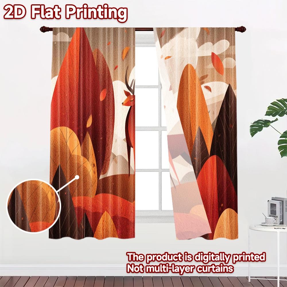 2D flat printing 2pcs Window Curtains Autumn Deer Forest Landscape Digital Printed Polyester Drapes Festive Curtains Perfect for