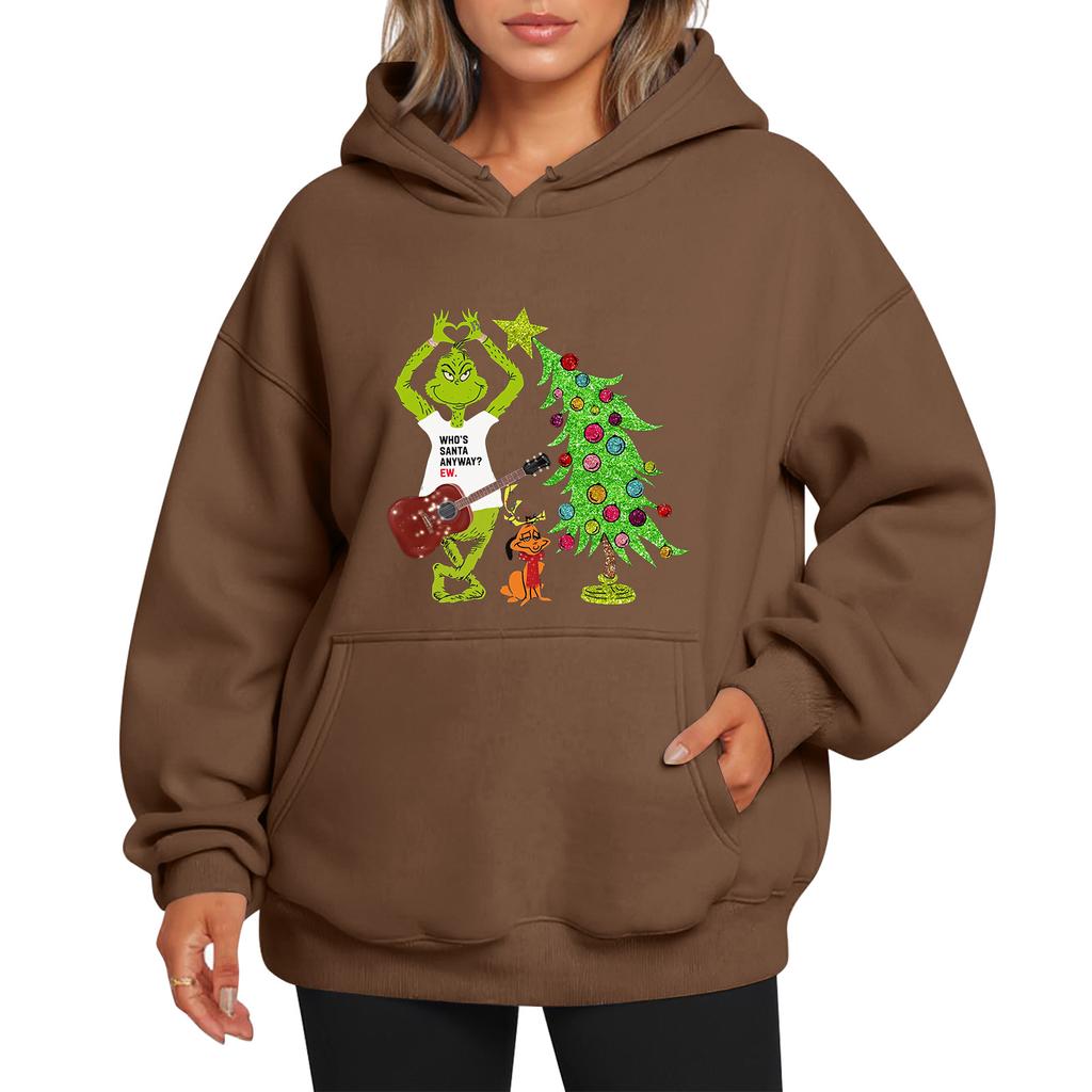 Ladies' Christmas Style Printed Hoodie With Wool And Pockets For Women