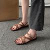 Fashion Low Heel Roman Sandals Summer New Square Head Open Toe Metal Belt Buckle Thin Belt Soft Sole Anti-slip Wear-resistant Flat Shoes