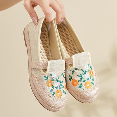 Handgewebte Stoffschuhe für Damen Chinesischer Ethno-Stickerei-Stil Flache Slipper Atmungsaktiv Weiche Innensohle Freizeitschuhe Blume Zapatos