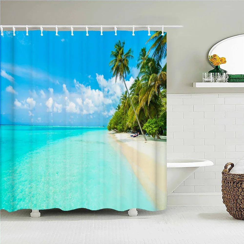 

Waterproof Shower Curtain For Bathroom Sunny Sea Beach Landscape Print Bathtub Curtains Polyester Bathroom Curtain With 12 Hooks W60H190(CM)-1 Pcs