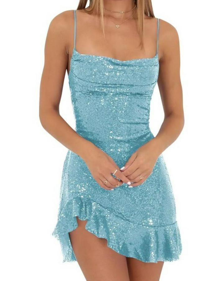 European & American Women s Sequin Ruffled Sleeveless Dress with Cross-Back Straps XS