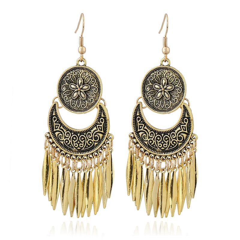 

Fashion Boho Drop Long Tassel Earrings For Women Zircon Vintage Antique Copper Plated Carved Flower Bohemian Drop Earrings