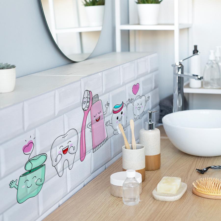 Dental Health Wall Stickers with Cute Tooth Characters Toothbrush And Floss DesignsStick Decals for Bathroom Lavatory Decor.
