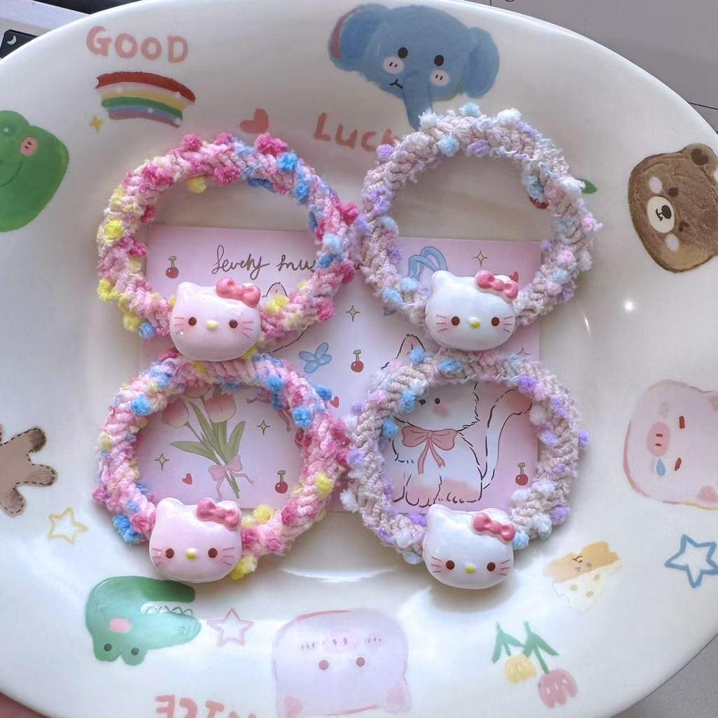 Cartoon KT Beaded Hair Tie: Colorful, High-Elastic Woven Band for Girls & Students