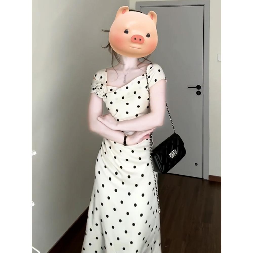 Seaside vacation waist long dress polka dot suspender white dress children's summer leisure new