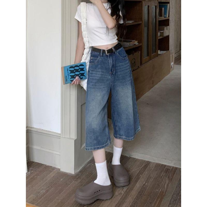 

Wide Leg Cropped Denim Shorts 2025 Summer Thin Retro High Waist Plus Size Loose Slimming and Straight Pirate Shorts Retro Blue S([Recommended 42.50 kg-49.00 kg]])