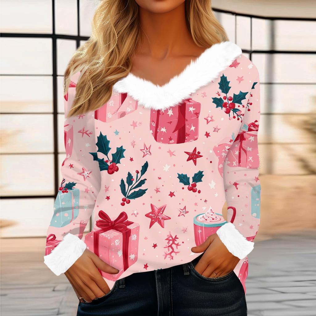 Women's Casual Fashion Long Sleeve Christmas Printed Flannel Collar Top