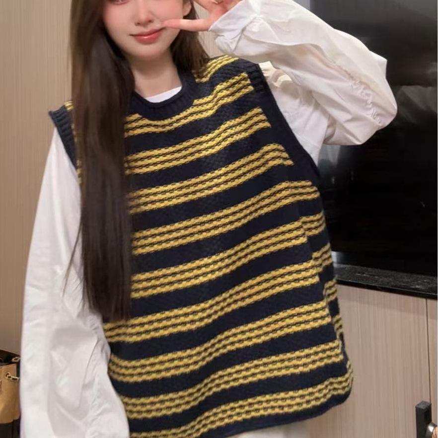 Women's Korean Style Striped Sleeveless Sweater Vest - Color Block Round Neck for Spring & Autumn Layering
