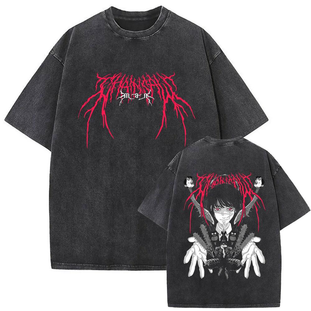 New Washed Vintage Anime Chainsaw Man Himeno Graphic Tshirt Men Women Casual Cotton Retro T Shirts Mens Cartoon Tshirts
