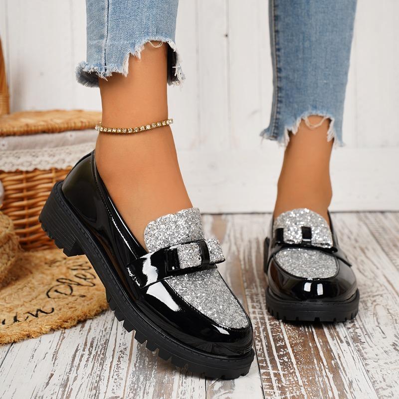 Patchwork Bling Silvery Flat with Woman 3.5cm Heel Shoes Sewing Design Slip on Ladies Shoes Black Round Toe Casual Shoes