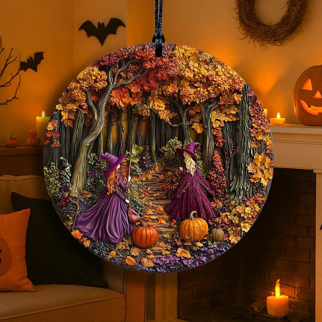 Halloween Stained Glass Window Ornament, Witch Scene with Pumpk, Acrylic Hanging Suncatcher, Round Wall Art Decor, Witchy Ornament for Home Friends