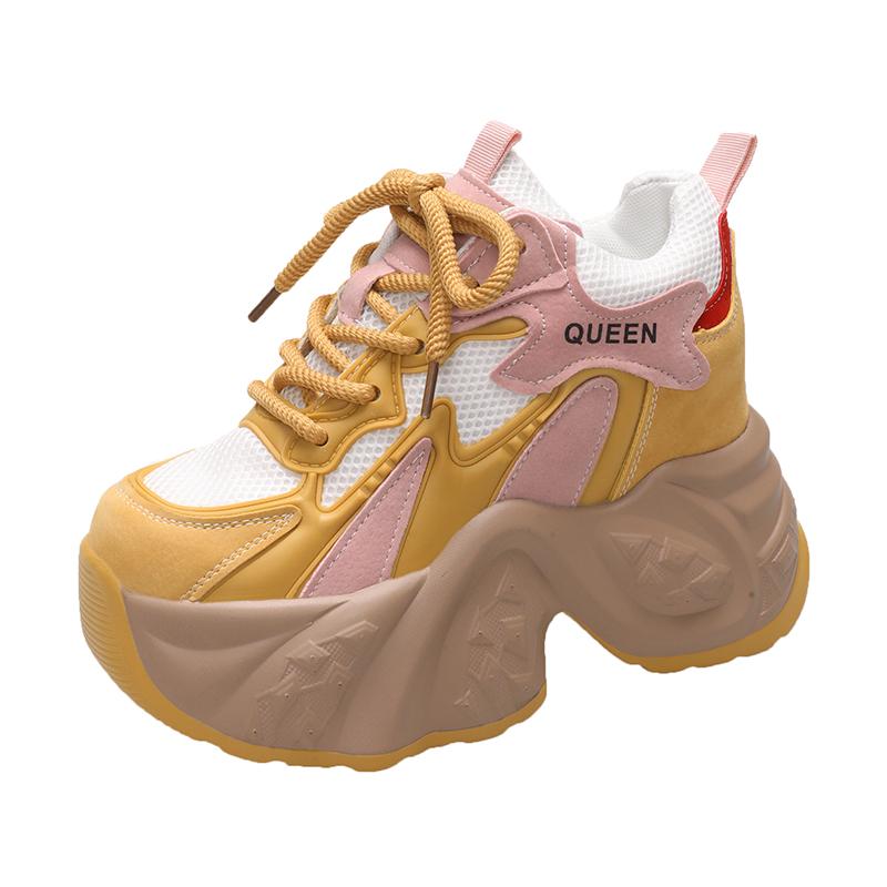 Mode 10CM Neu 2024 Frühling Damen Atmungsaktive Mesh Klobige Sneakers Hohe Plateau Freizeitschuhe Schnürschuhe Sommer Sport Lederschuhe Frau