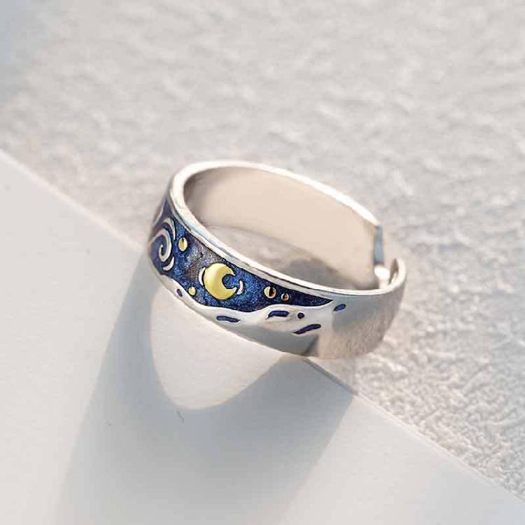 Van Gogh Starry for Sky Ring Open Lover Couple Ring Adjustable Finger Ring for A