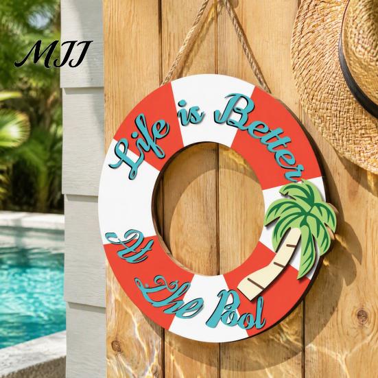 Summer Party Supplies Wooden Swim Ring Hanging Sign for Pool Decoration, Beach Theme Wall Rustic Decor Art with Hemp Rope, Double Layer Seaside