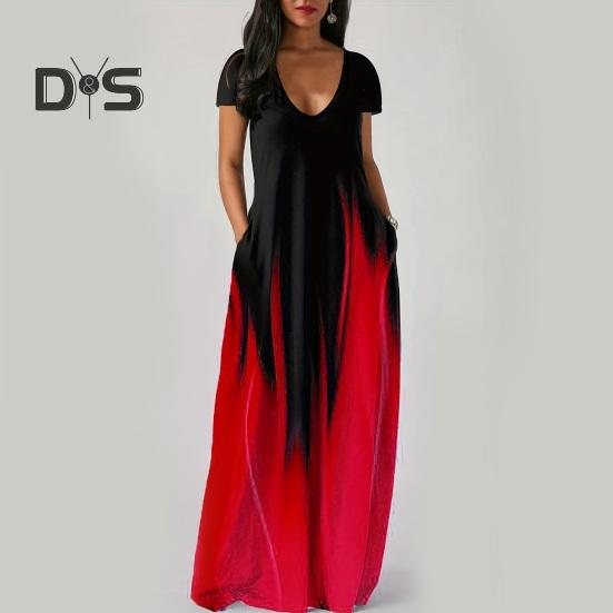 Women Maxi Dress with Pockets V Neck Short Sleeves Gradient Contrast Colors A-line Full Length Dress for Daily Party Dating