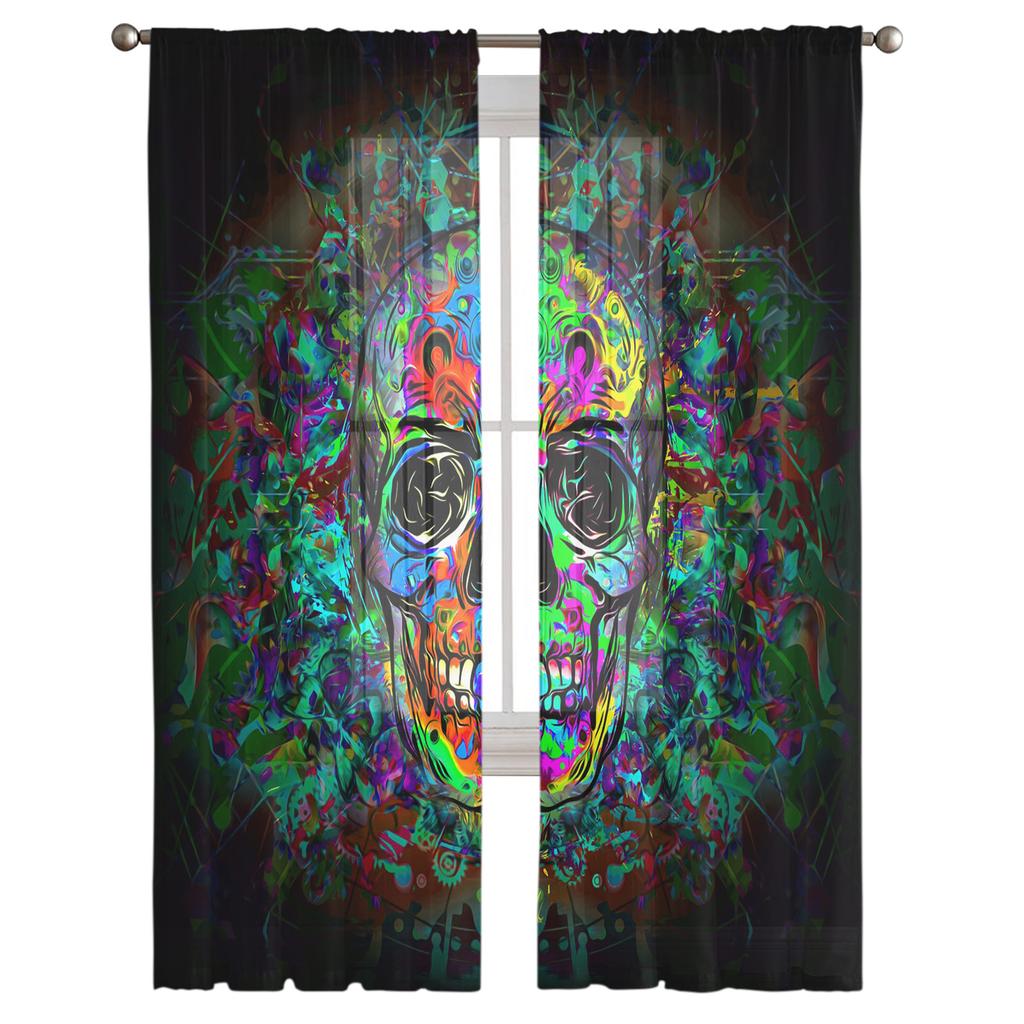 Colored Skull Art Window Treatment Tulle Modern Sheer Curtains for Kitchen Living Room the Bedroom Curtains Decoration