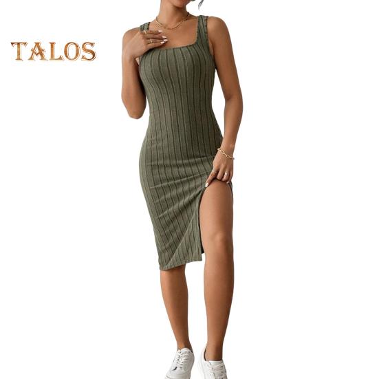 

Летнее женское платье с квадратным вырезом без рукавов, обтягивающее эластичное платье-футляр с боковым разрезом, однотонное OL, дышащее клубное вечернее платье миди S армия зеленый