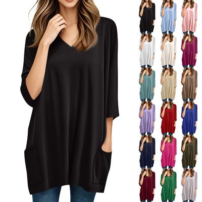 Blusas Femininas Decote V Manga 3/4 Blusas Casuais de Comprimento Médio Camisas Estampadas da Moda Túnicas com Bolsos