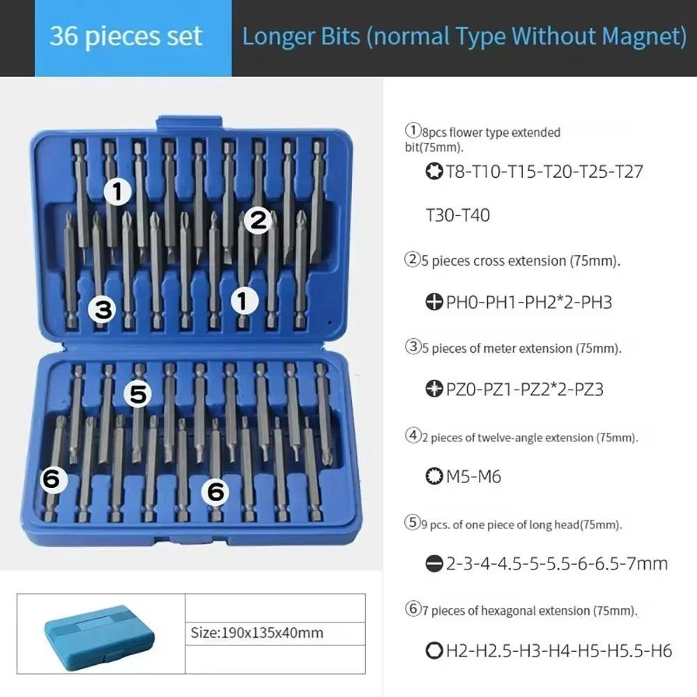 

50/36Pcs 75mm Electric Screwdriver Set 1/4 Head Torx Star Hex Spline Bit Long Screwdriver Bit Set 36Pcs/Set