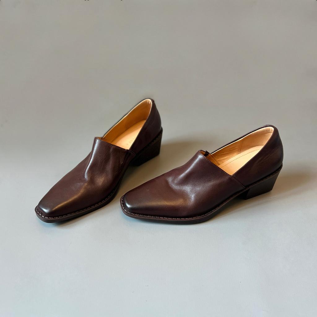 Cool handsome royal sister style temperament small leather shoes female personality square head thick heel one pedal loafers