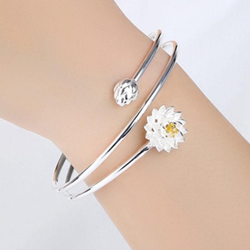Fashionable Lotus 925 Sterling Silver Bangles Split Layer Opening Bracelets Silver Plated серебряный