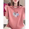 Women's Black Short-Sleeve Summer T-Shirt - Loose Fit, Slimming, Letter Print, Age-Reducing