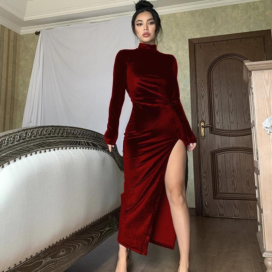 Fairy Dress Winter Velvet Long Dress Slim Fit Pleated Hem Skirt