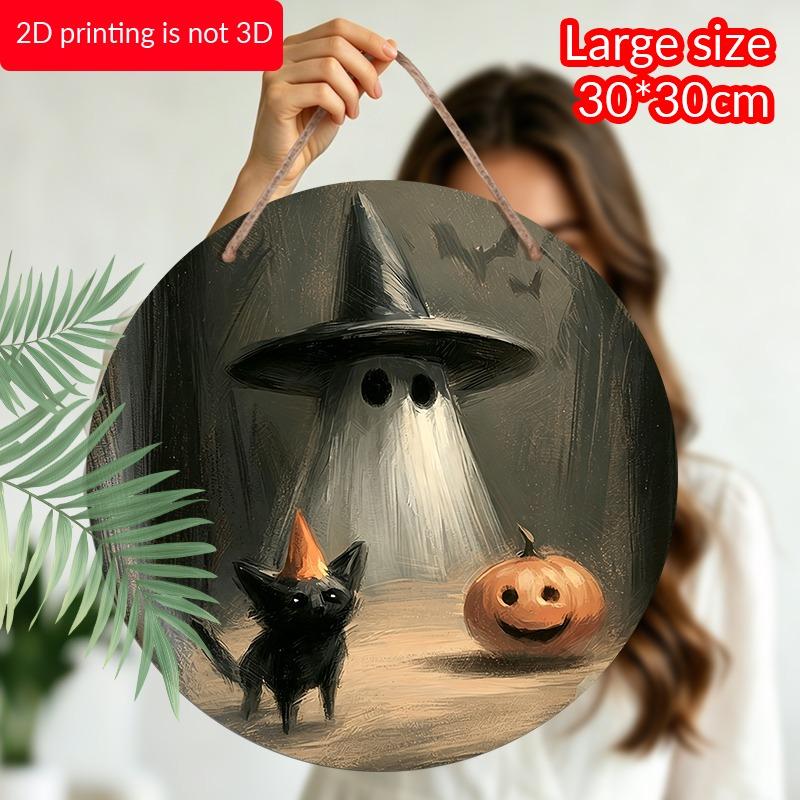 2D Flat, 1pc Decorative Plaques and Ornaments Sign, Round Distressed Aluminum Halloween Witch Hat Ghost Black Cat Hanging Plaque, Pumpkin Bat