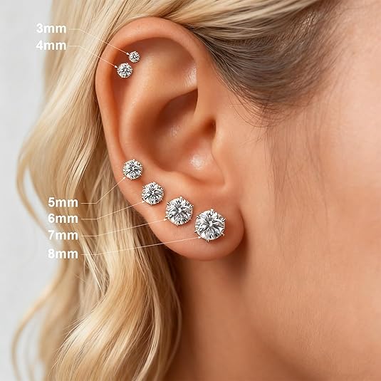 Kolip 6 Pairs / 12 Pairs Stainless Steel Stud Earrings Set, 14K Silver/Gold Plated 316L Hypoallergenic Cubic Zirconia CZ Earring for Women Men 3-8mm