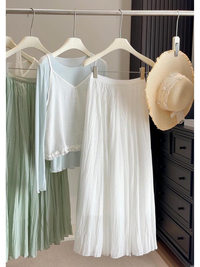 Ethereal Hot-Fix Pleated Chiffon A-Line Skirt for Women, Spring 2026 - Slimming with Large Hem Design