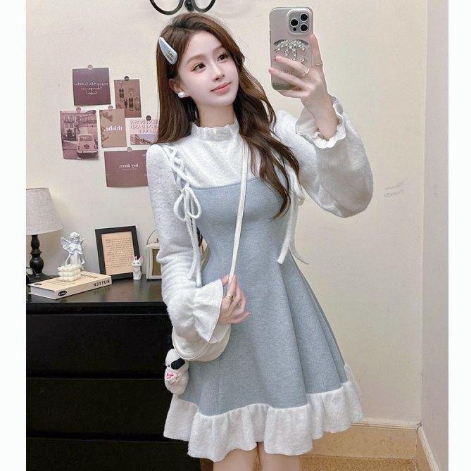 

Elegant Patchwork Knit-Trim Two-Piece Dress with Slimming Waist - Spring/Autumn Edition S [80-95 lbs]