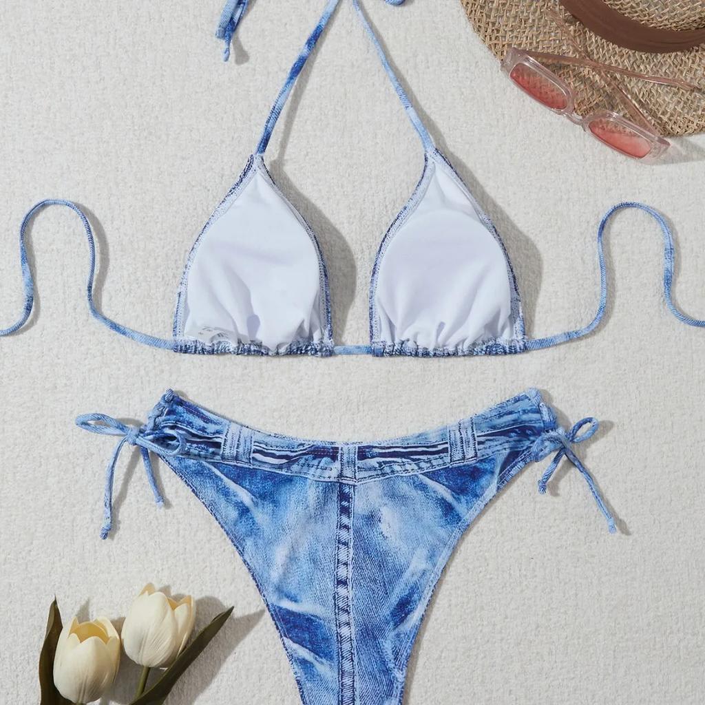 Sexy High Waist Triangle Pant Bikini Set Women's Two-Piece Swimsuit Denim Print Separate Swimwear Cross-Border Clothing