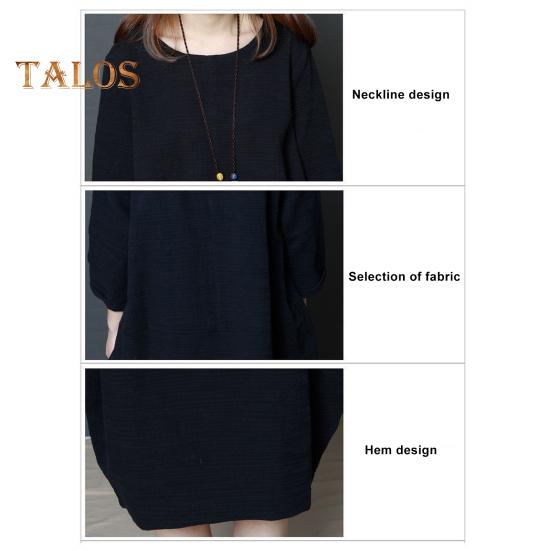 Lady Summer Dress O Neck Short Sleeves Pure Color Loose Side Pockets Knee Length Pullover Casual Commute Midi Dress