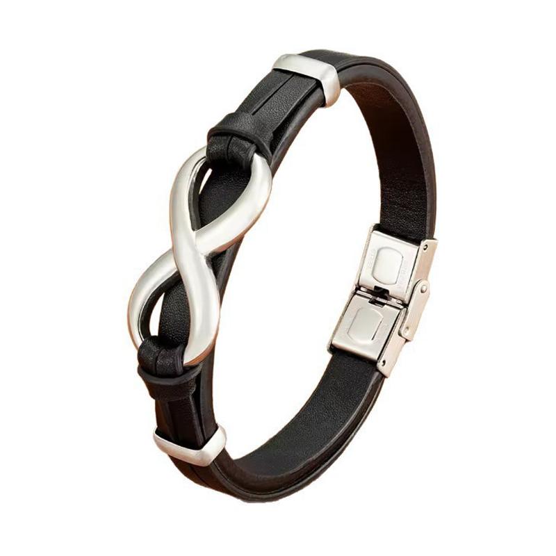 Mens Stainless Steel Bracelet with Leather, Classic Business Jewelry with Chain Design, Gift for Men