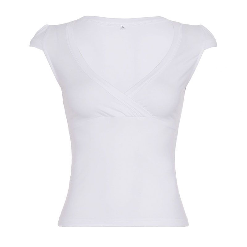 Summer American-Style Spicy Girl Low-Cut V-Neck Simple T-Shirt Versatile Slim-Fit Solid Color Casual Waist-Cinching Top for Women White S