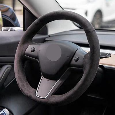 Capa Antiderrapante Preta de Couro Genuíno Camurça DIY Costurada à Mão para Volante de Carro para Tesla model 3