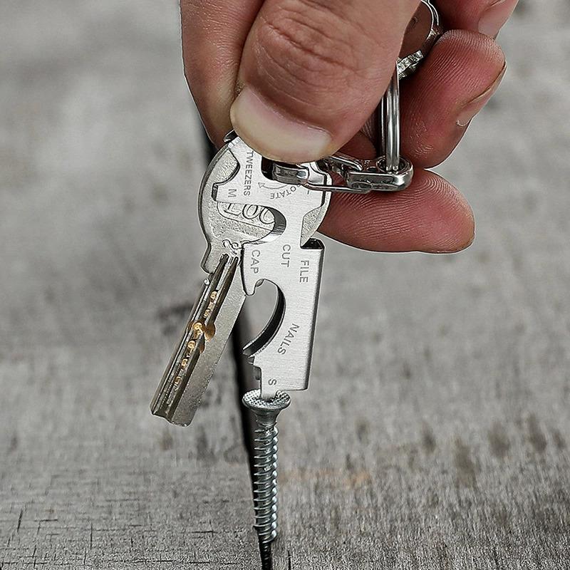 Multifunctional Bottle Opener Keychain Tool Hanger Tweezers Nail File Bottle Driver Screwdriver Stainless Steel Outdoor Camping