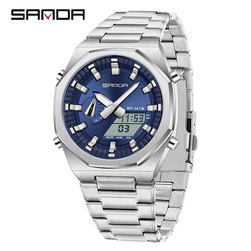 Sanda Men's Multifunctional Dual Display Watch with Countdown, Alarm, Daylight Saving, and Waterproof Features