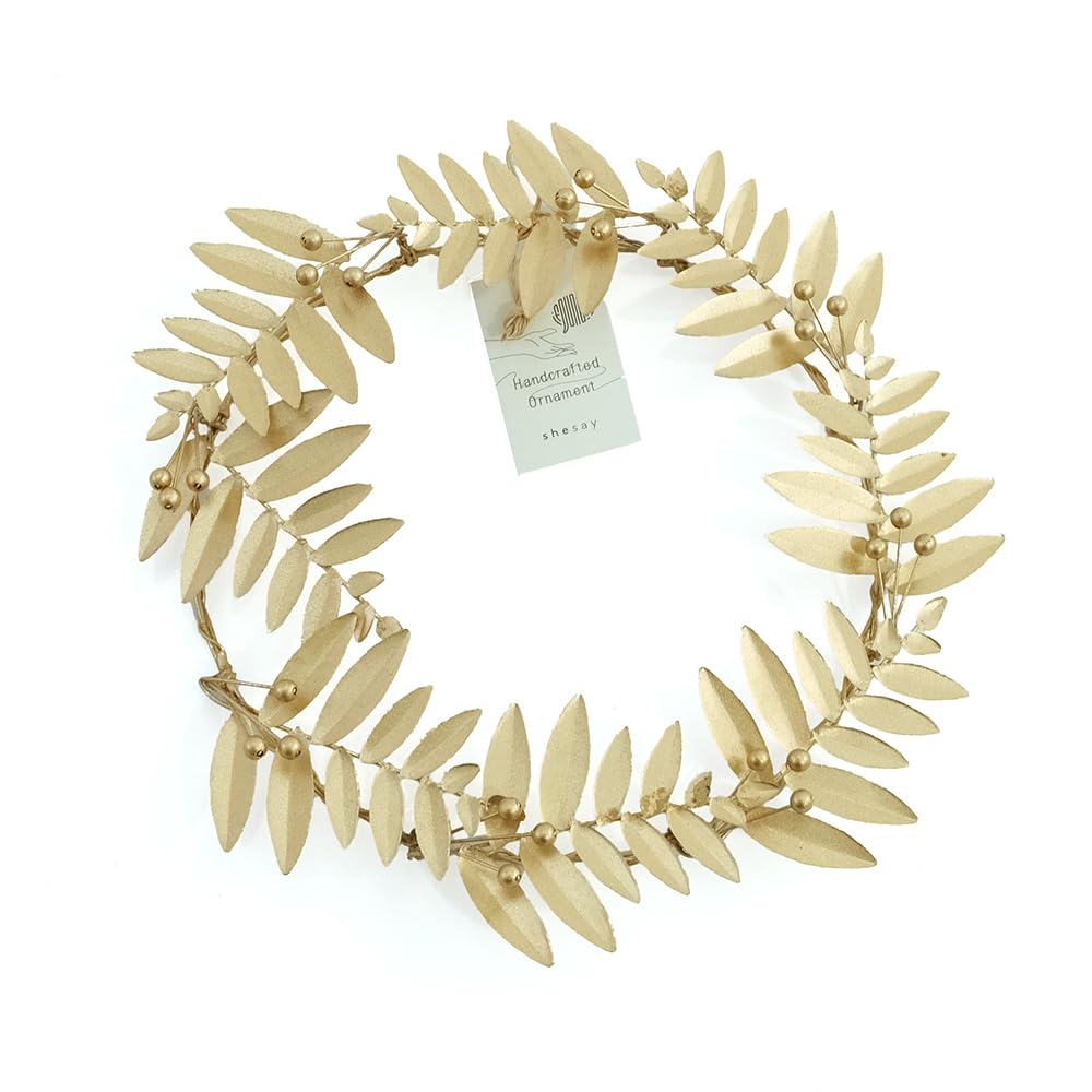 shesay Tin Leaf Wreath Christmas Door Wreath Small Ornament, Display, Gold, (12cm Diameter)