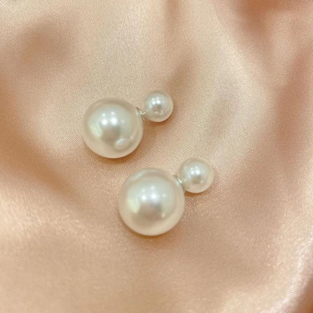 S925 Silver Needle Double Head Pearl Stud Earrings Large Pearl Stud Earrings Premium Temperament Double Sided Pearl Earrings