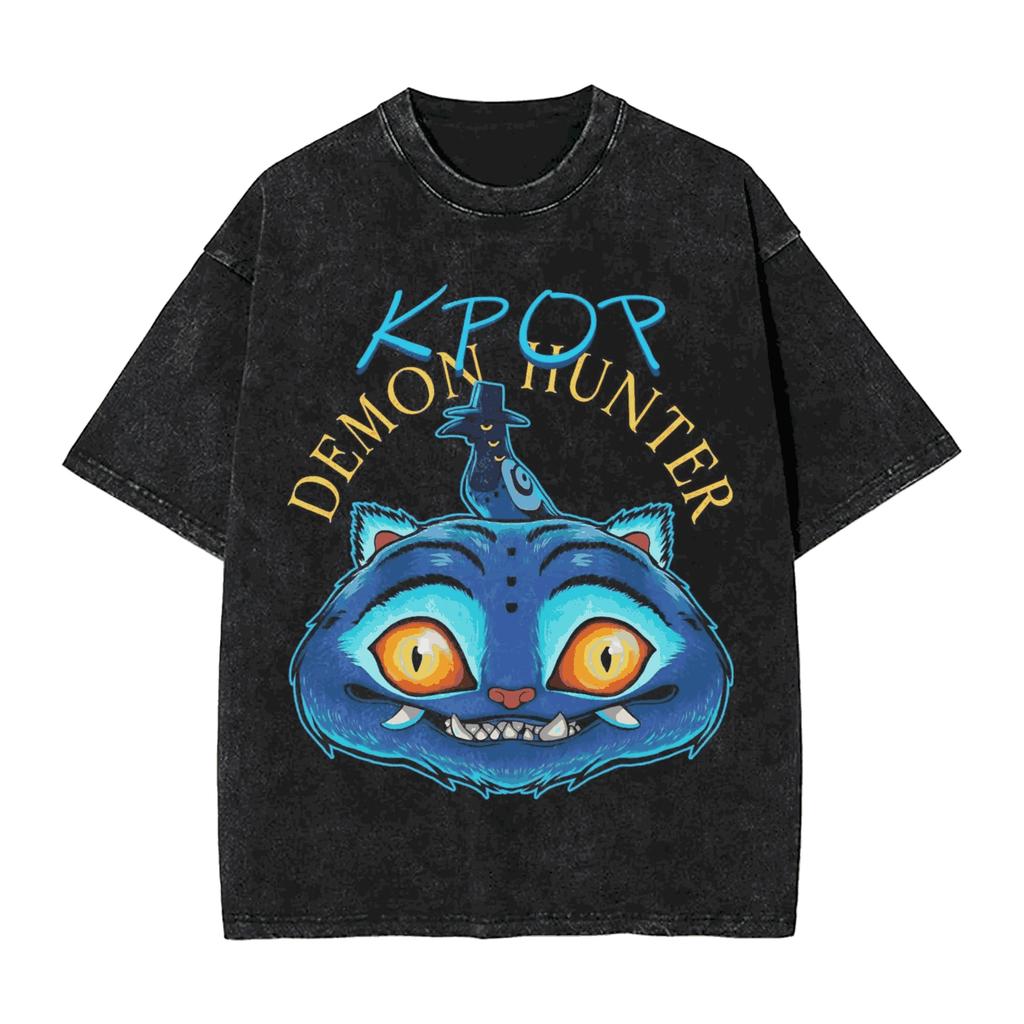 Saja Boys Kpop Demon Hunters Graphic Print T-shirt Men Women Harajuku Vintage Washed Loose Casual Oversized Cotton Short Sleeve Summer New Tee