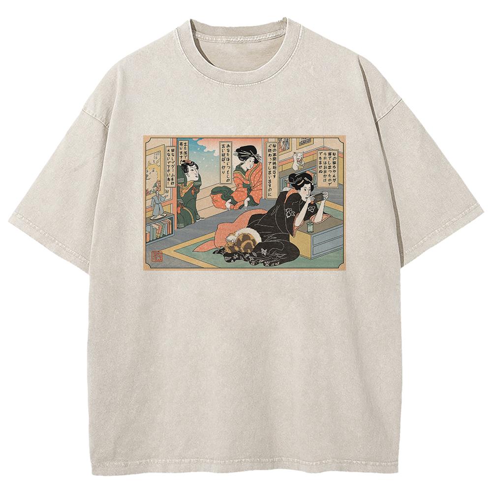 100% Cotton Tee Shirt Funny Japanese Style Cartoon Cat TShirts Retro Men/women TShirt Vintage Oversize Mineral Wash Tops