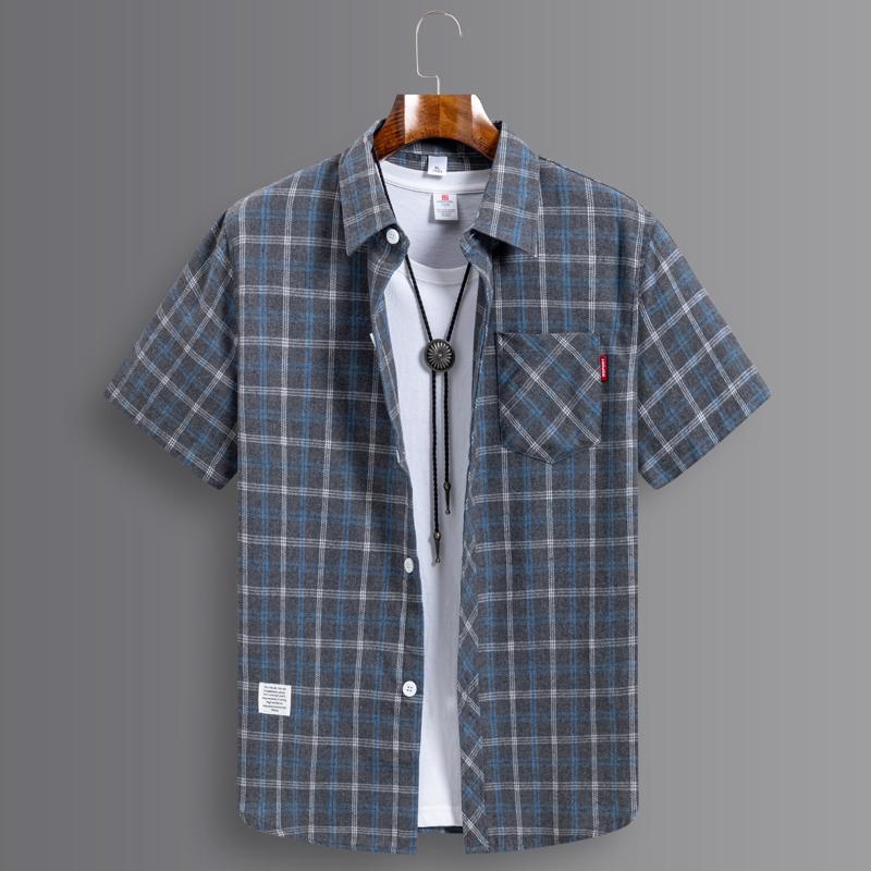 

Korean Popular Clothes Summer Plaid Short Sleeve Shirts for Man Slim Fit Casual Plain Shirt Tops 4XL сірий