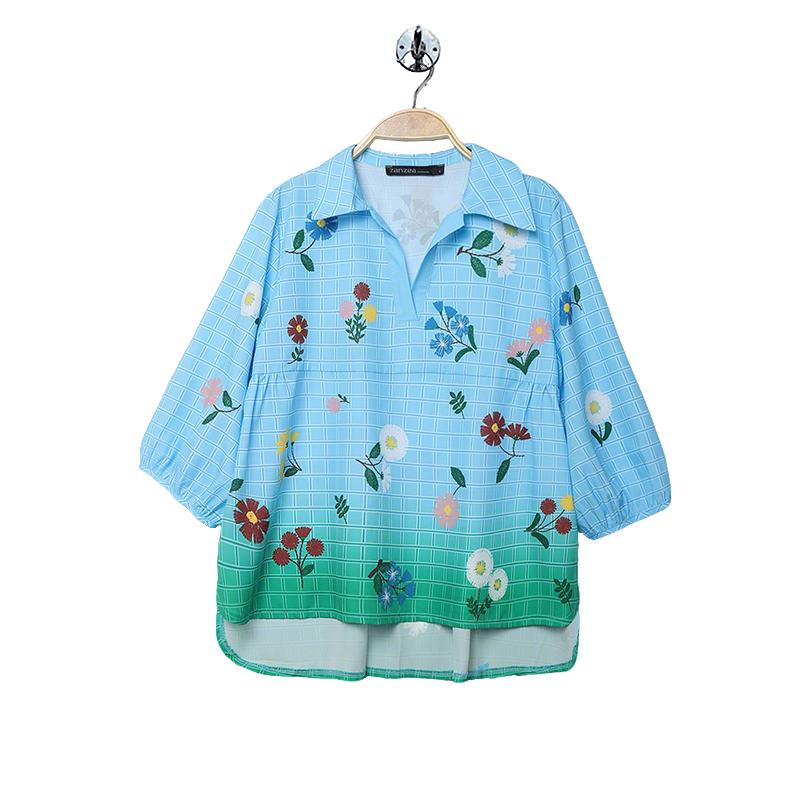 ZANZEA Damen Lässig Umlegekragen Locker 3/4 Ärmel Print Bluse