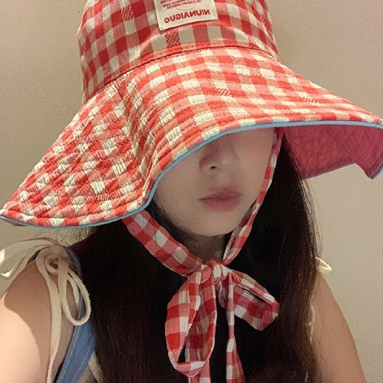 Fashionable Reversible Plaids Sun Hat Oversized Brims Fisherman Cap For Outdoor Activity Beach Trip And Street Headwear