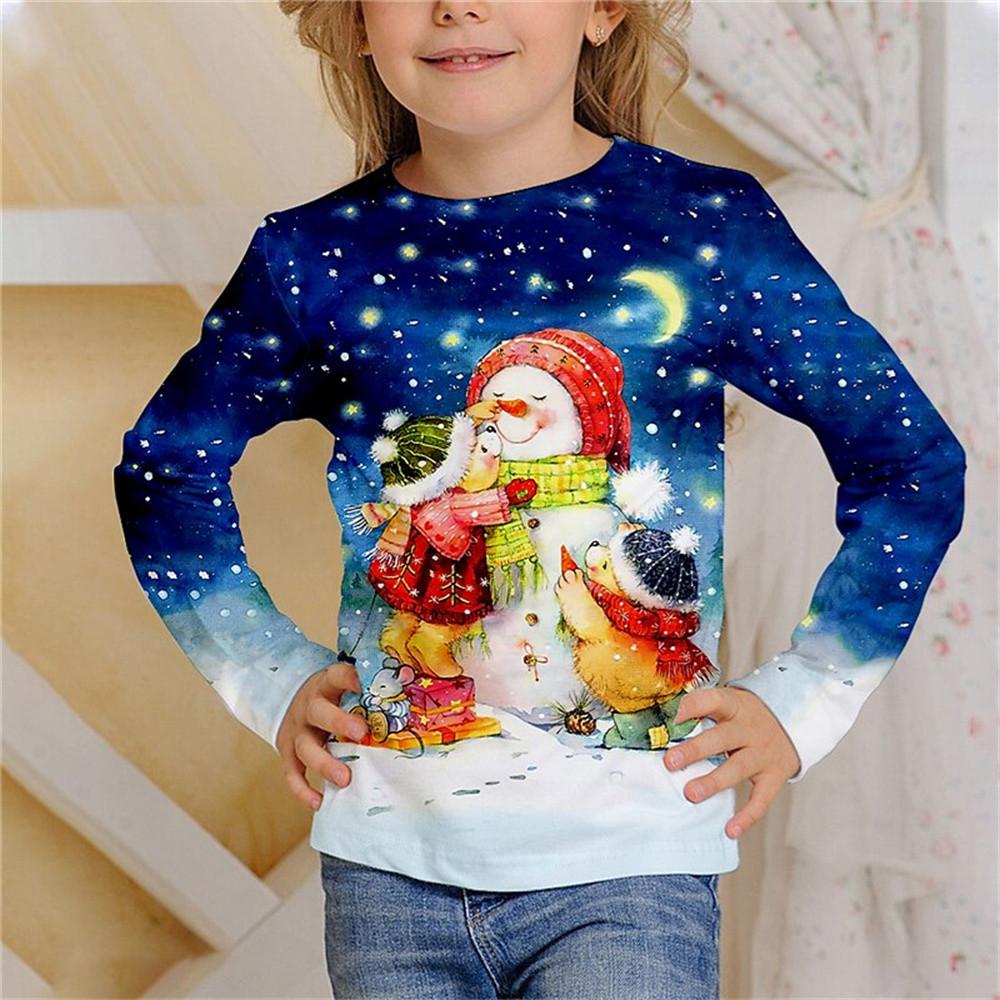 

Children s Christmas Snowman 3D Digital Printed Girl Fashion Trend Round Neck Long Sleeved T-shirt 100 темно-синий